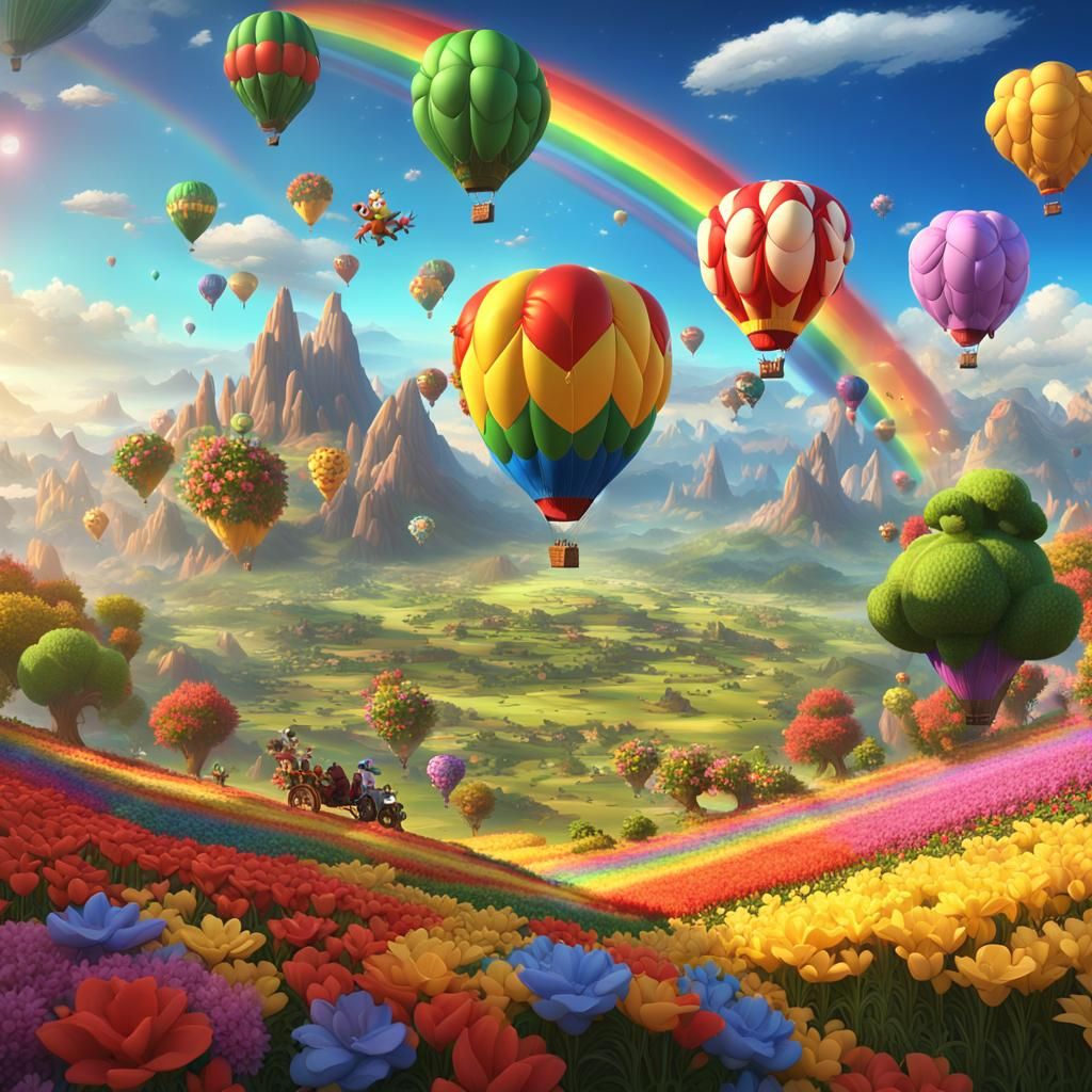 Mario Balloons Over Fantasy Landscape: Detailed Matte Painti...
