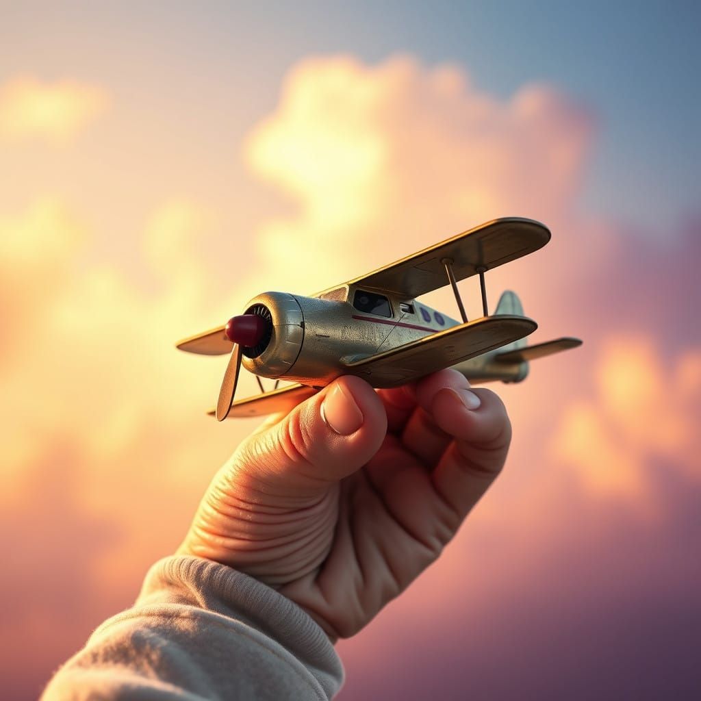 Chubby Toddler's Hand Holds Vintage Toy Airplane in Dreamlik...