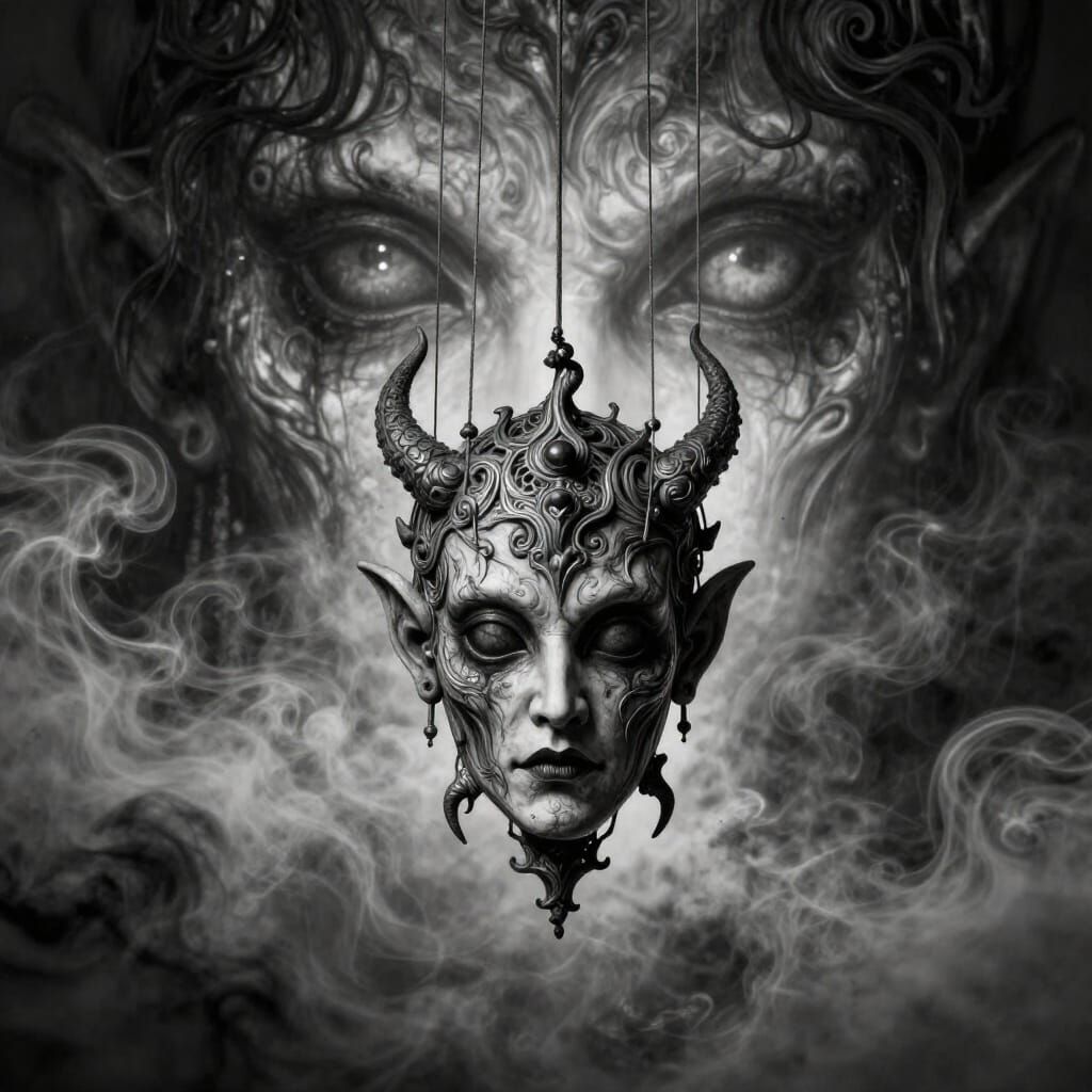 Demonic Marionette Puppet Hanging in Eerie Smoke