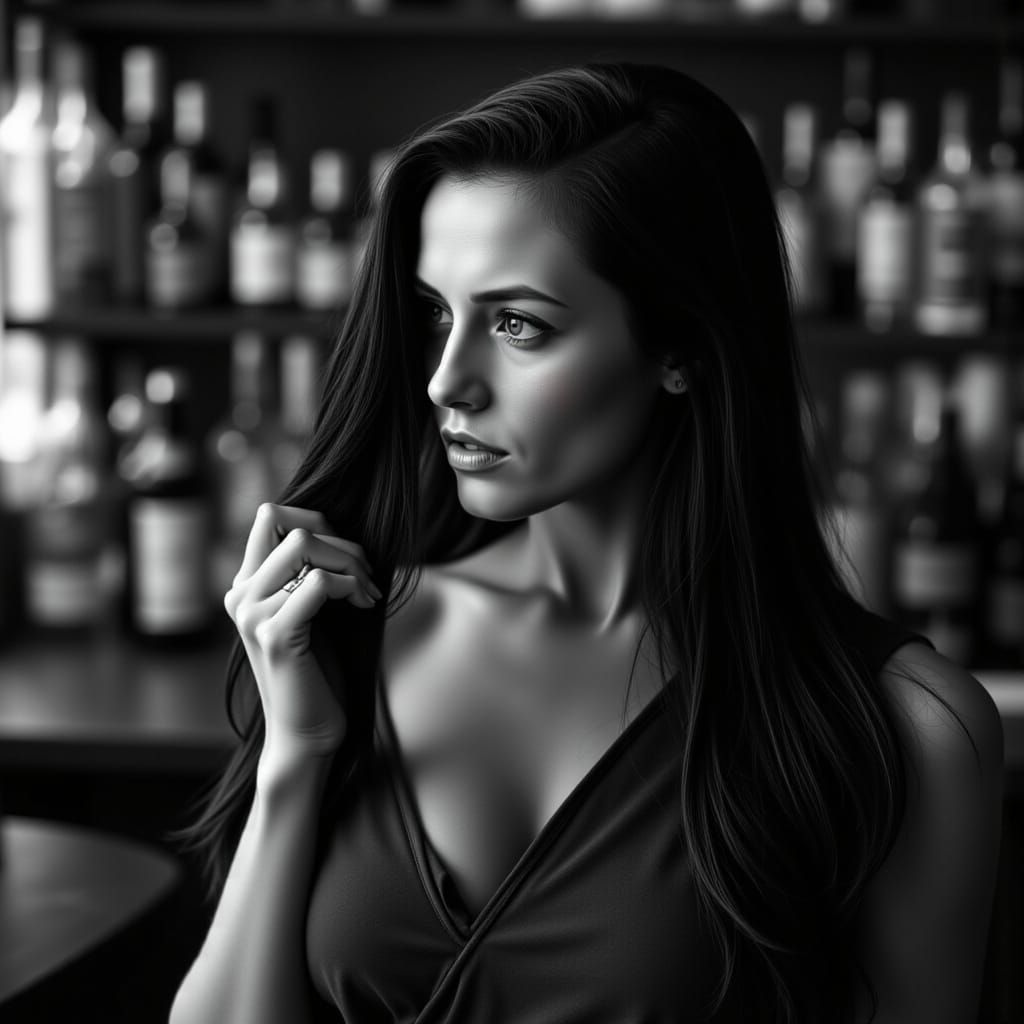 Shy Woman in Bar with Dark Hair