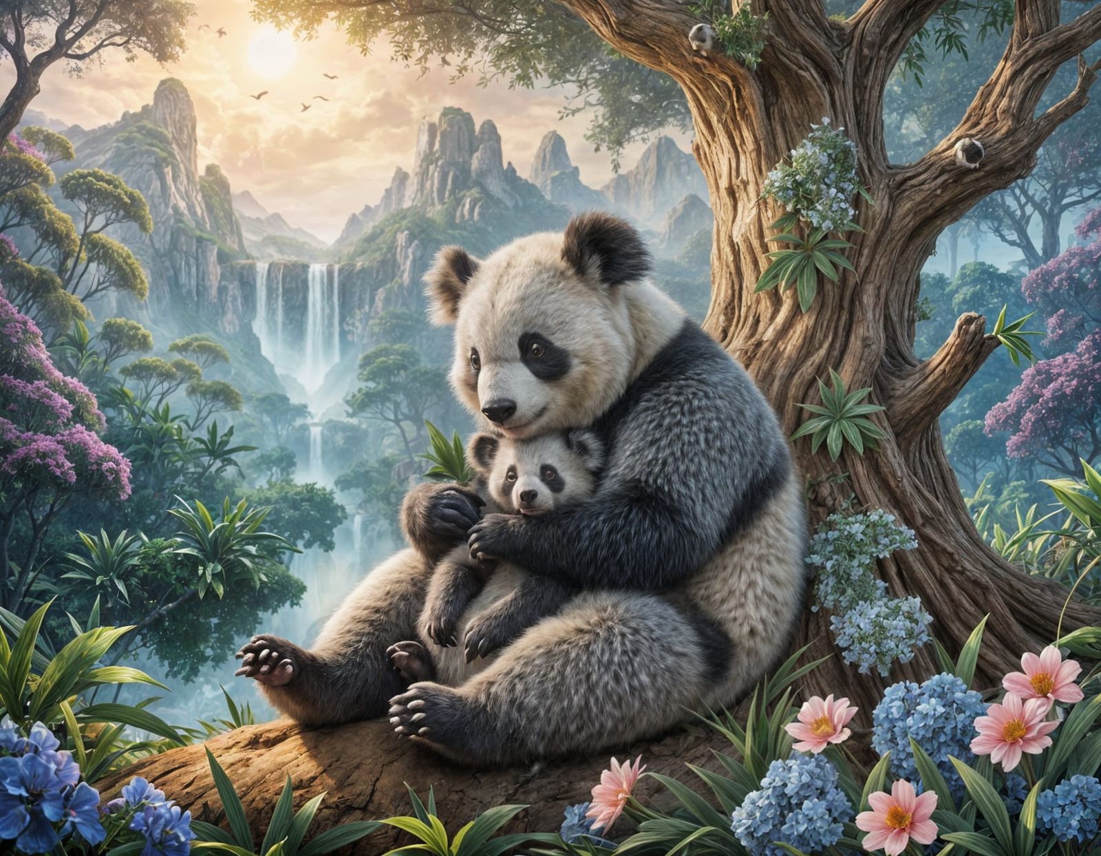 Surreal Panda and Koala Bond in Vibrant Fantasy Landscape