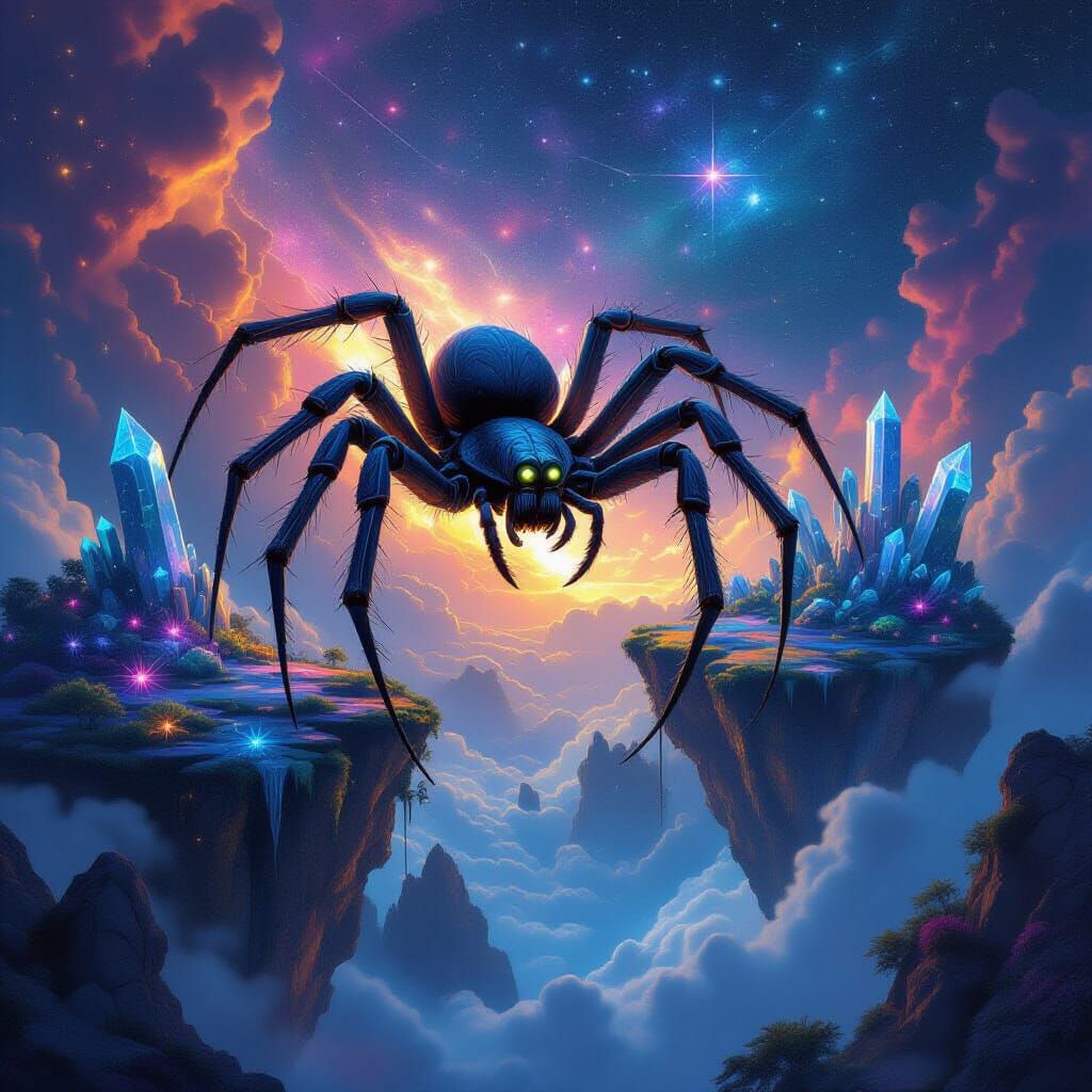 Cosmic Spider Weaves Starlight Web Between Nebula Islands