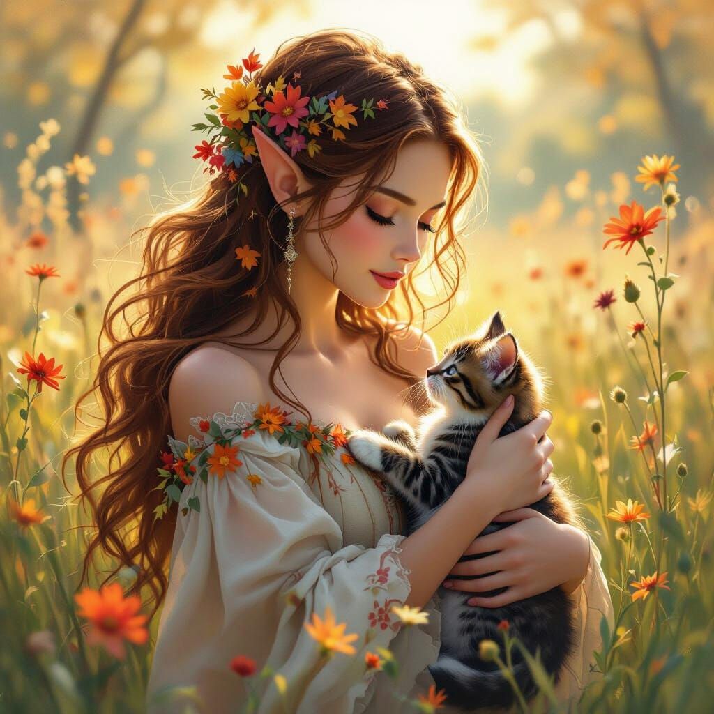 Elf in Meadow with Flowers and Kitten, Watercolor Style