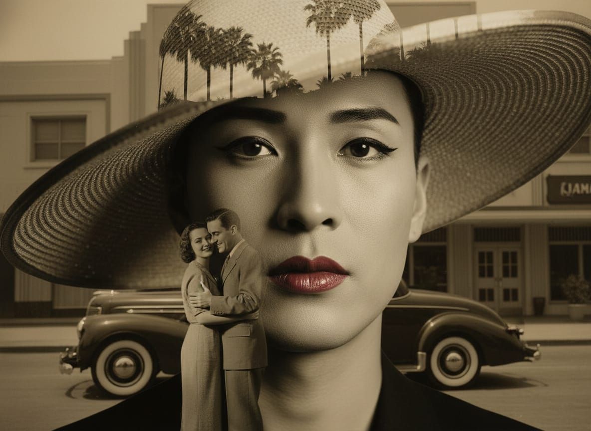 Glamorous Asian Man with Vintage Romance Surreal Portrait