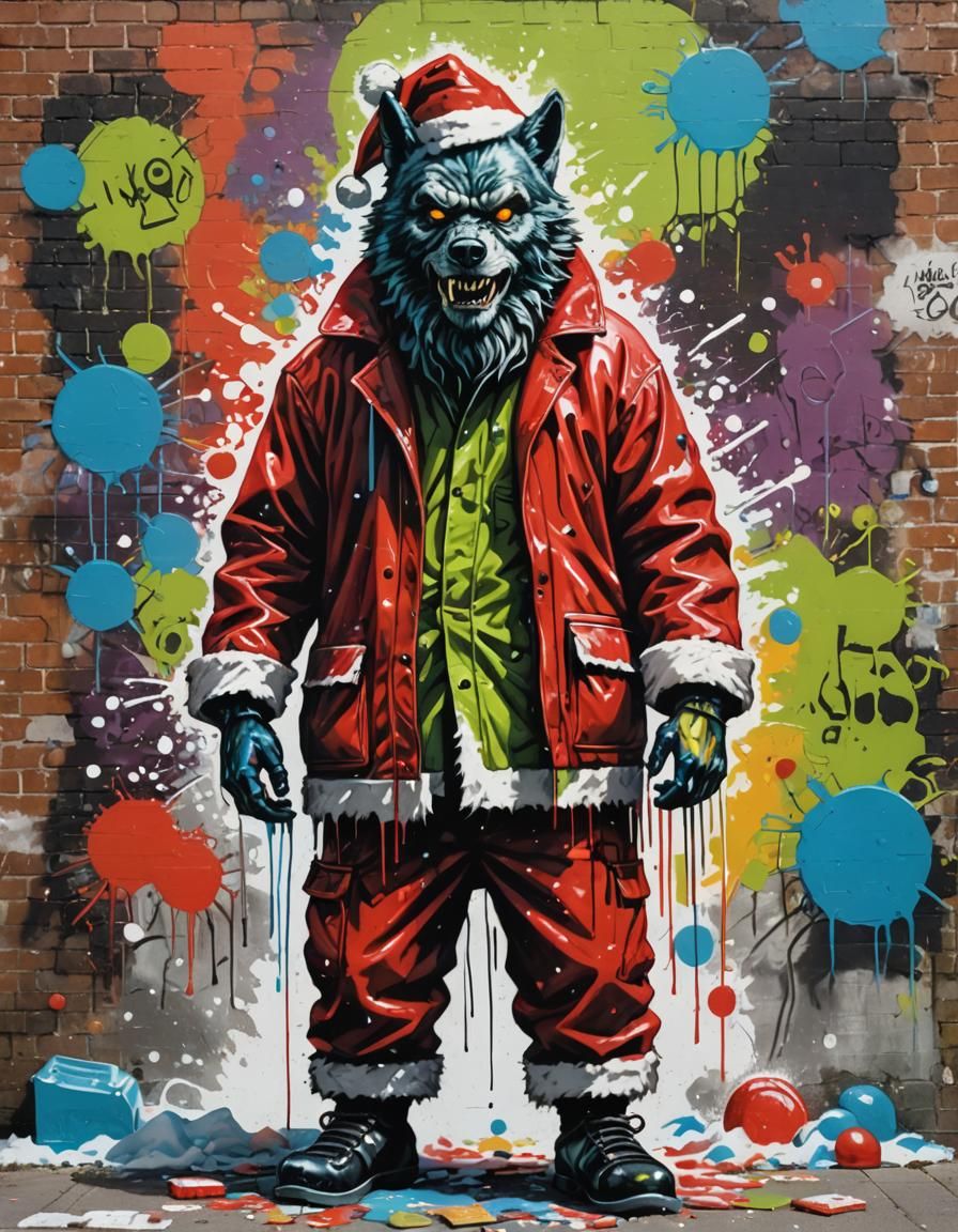 1950’s version of the wolf man dressed in a Santa costume graffiti art, splash art, street art, spray paint, oil gouache...