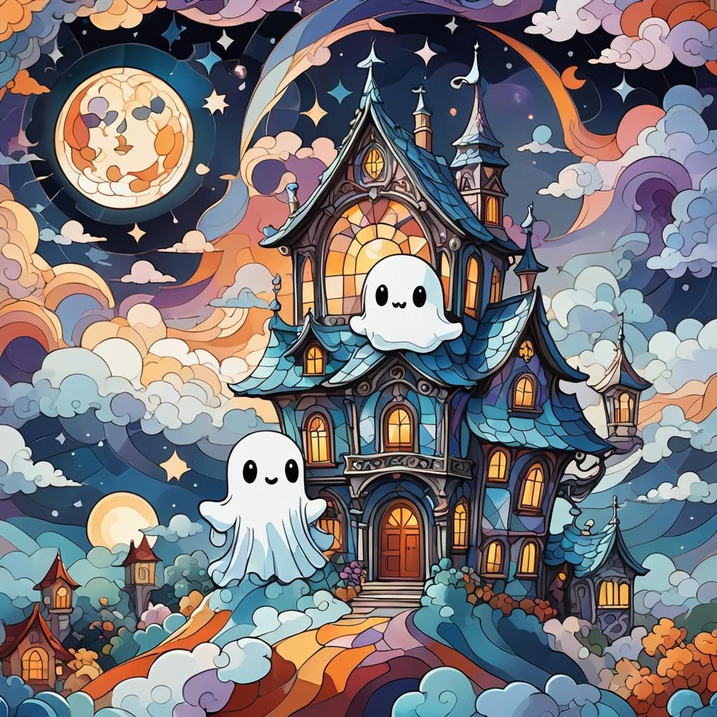 Chibi Ghost in Front of Haunted House in Stained Glass
