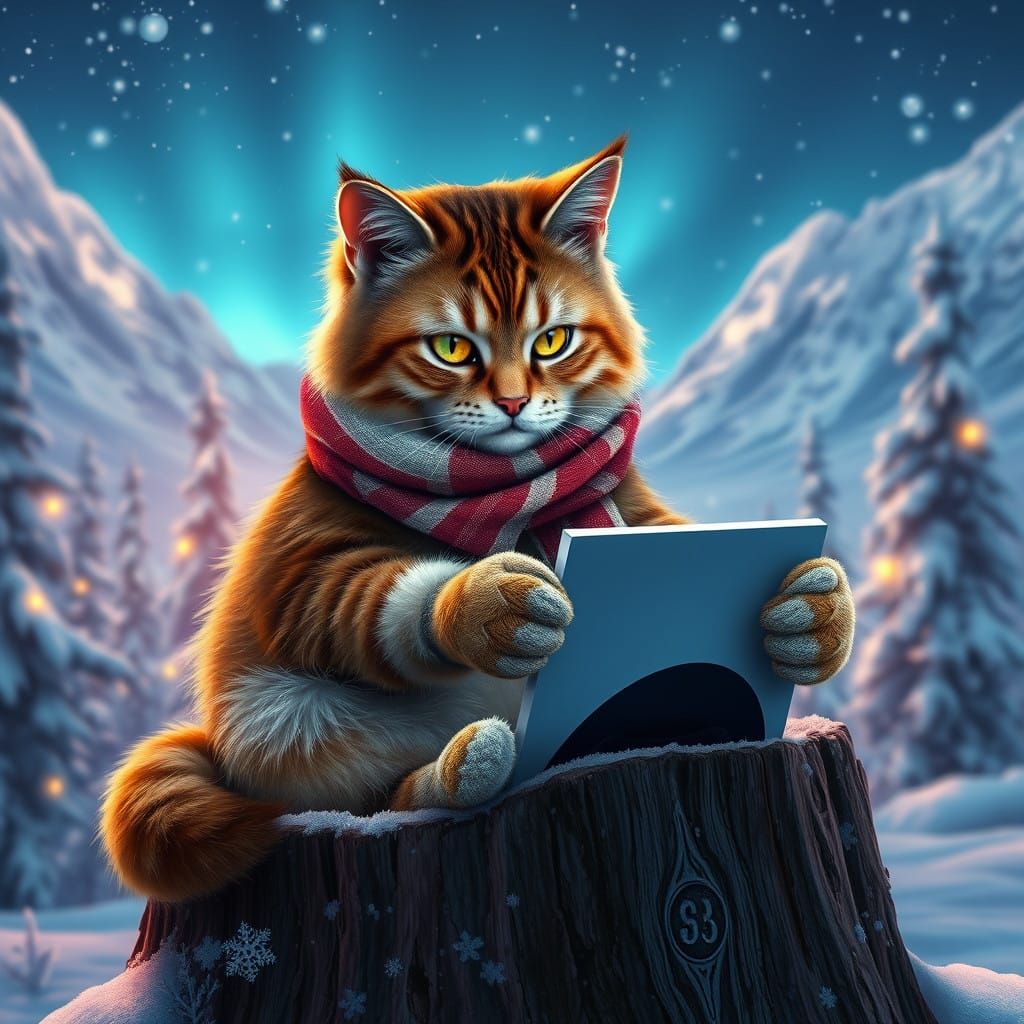 Regal Cat Plays PS5 in Snowy Mountain Wonderland