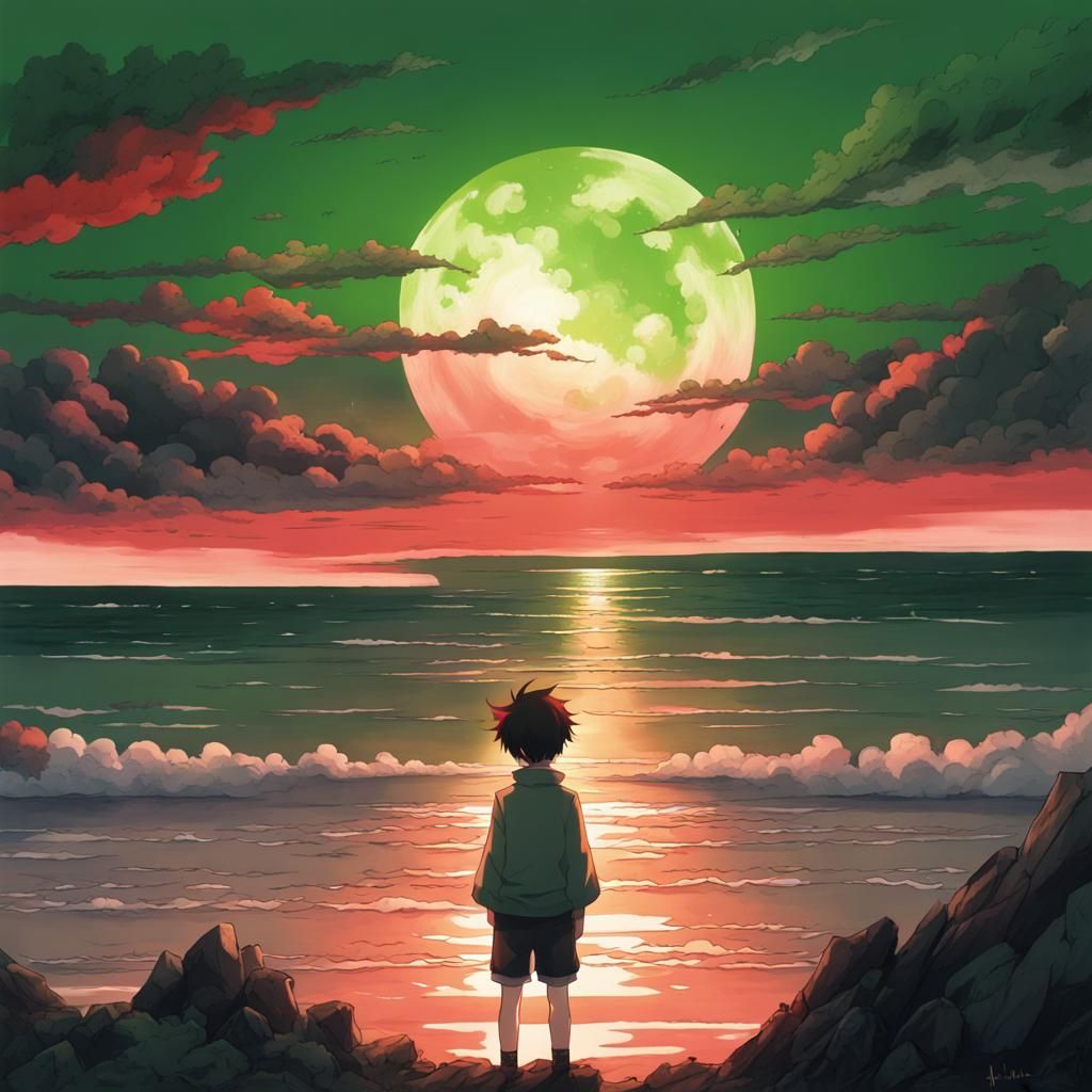 Boy, Red Moon, and Green Sky in Anime Style