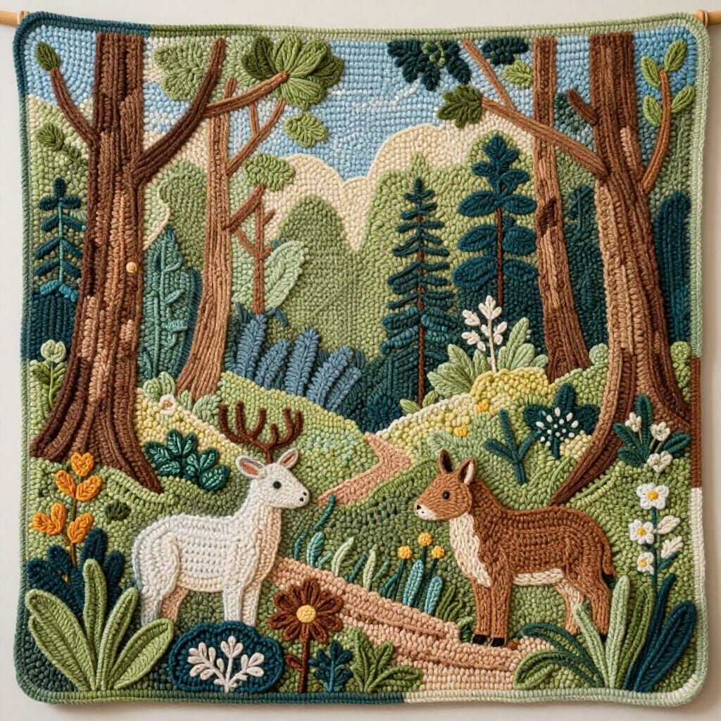 Intricate Crochet Forest Landscape Tapestry