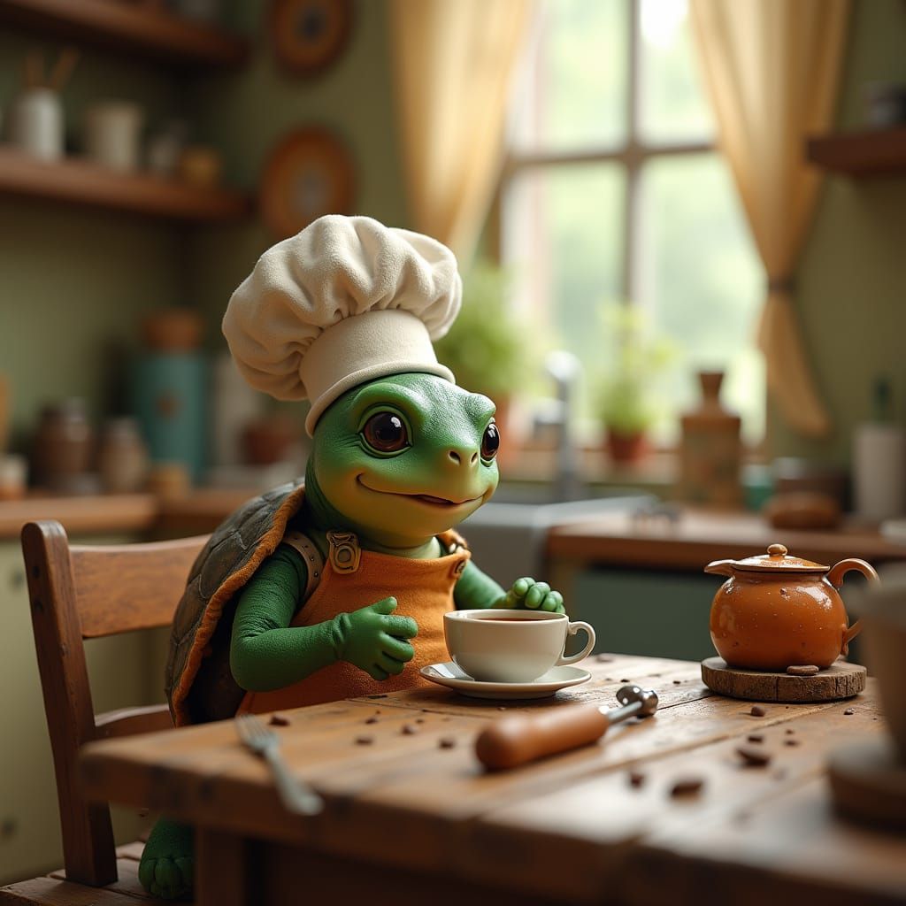 Turtle Chef Sipping Coffee: Whimsical Realism