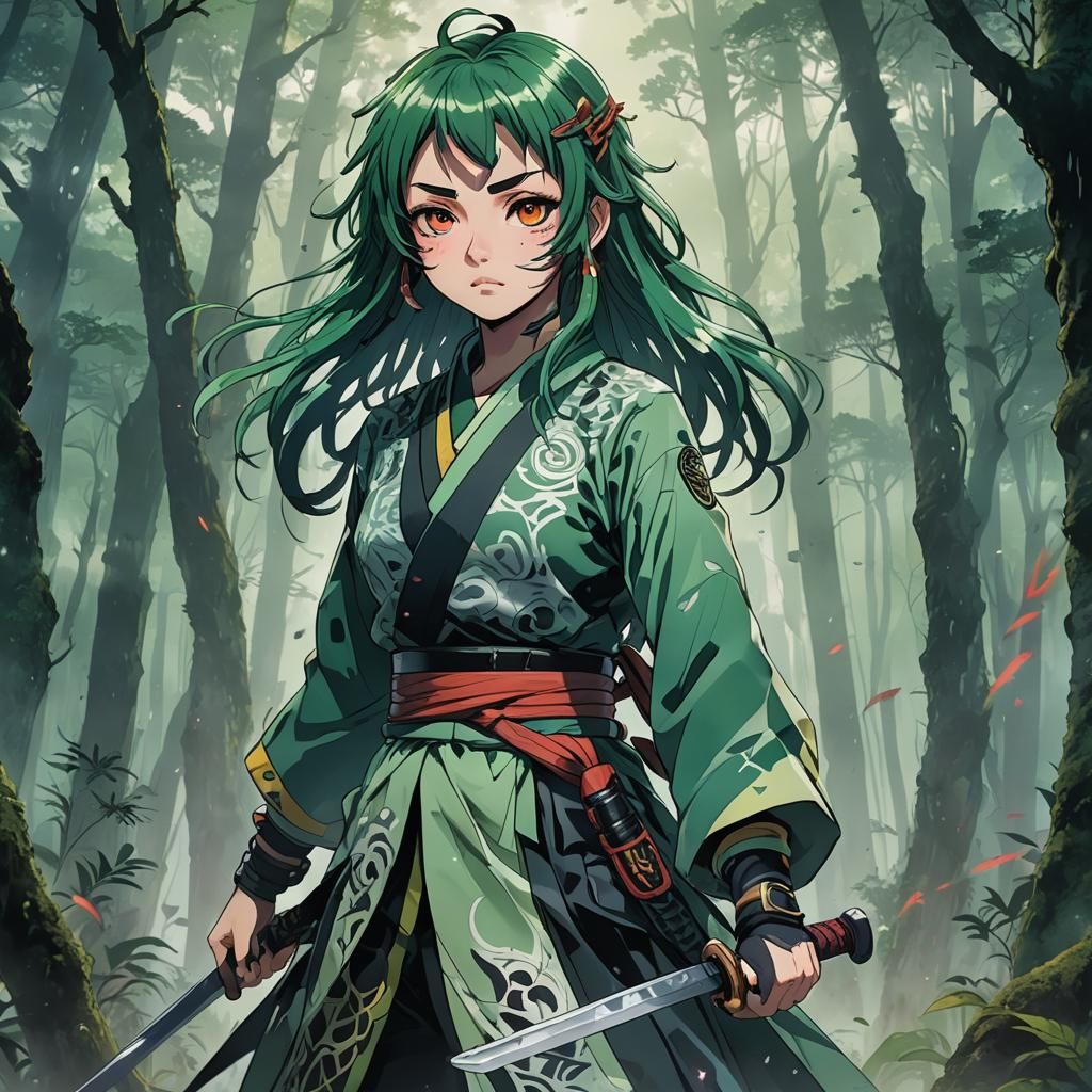 Demon Slayer Girl in Misty Forest: Anime Art