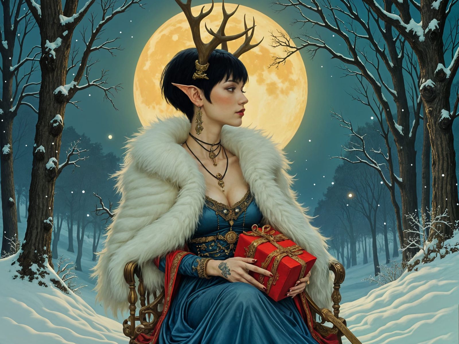 Woman with Antlers in Snowy Forest, Style of Bauer