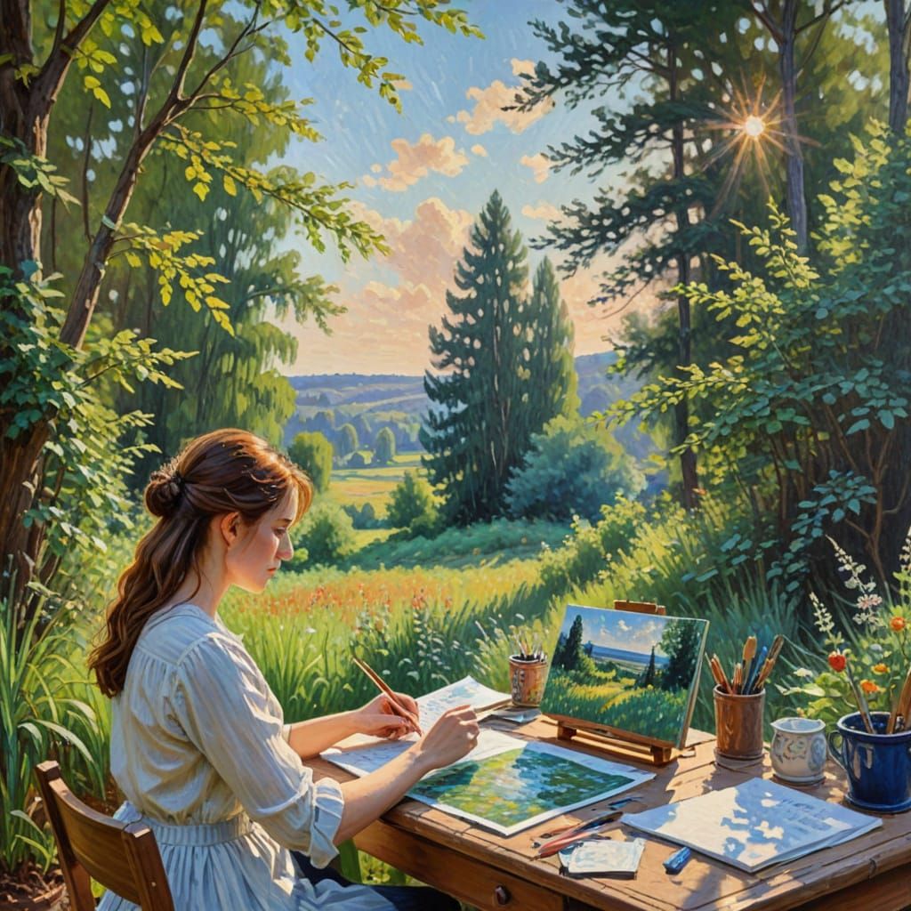 Impressionist Painting of Woman Drawing Fairytale Landscape