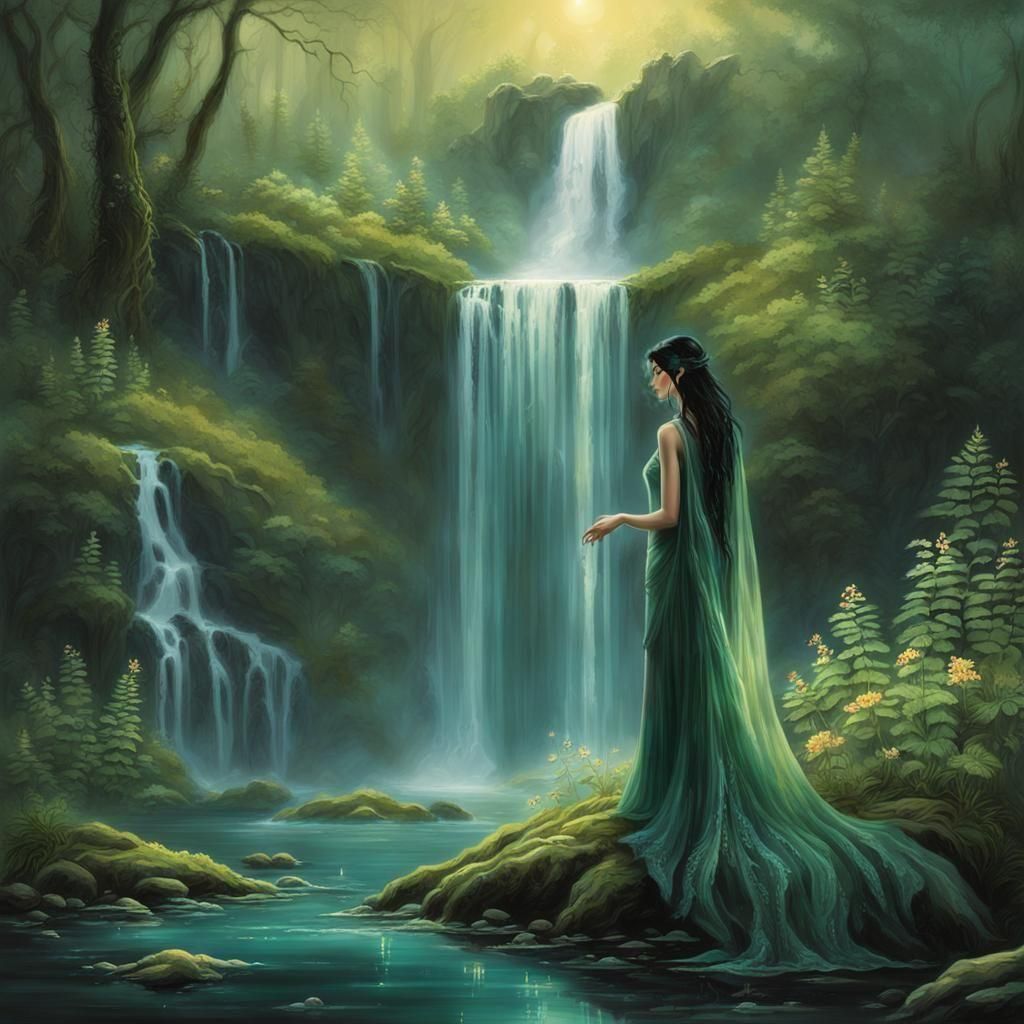 Art Nouveau Waterfall with Elegant Woman