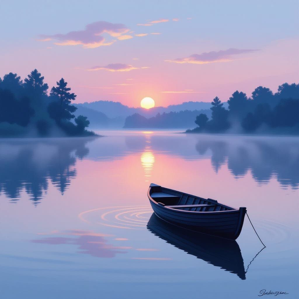 Serene Dawn Lake Reflection in Impressionistic Style