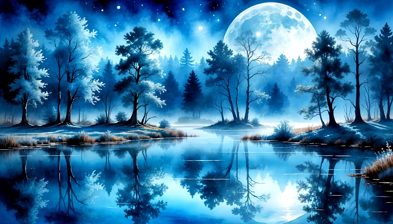 Opalescent Blue Moon over Watercolors