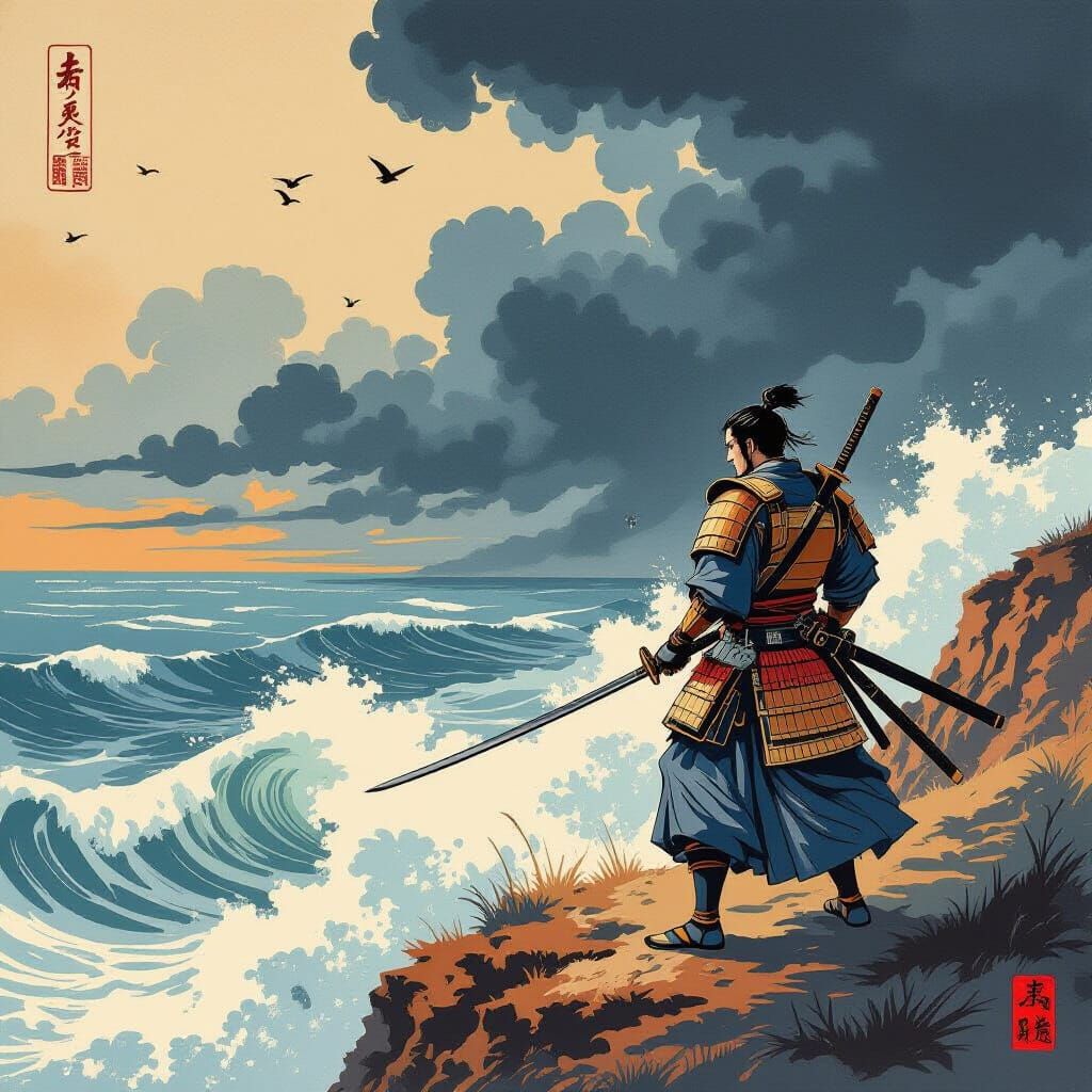Samurai Warrior on Cliff Overlooking Turbulent Sea