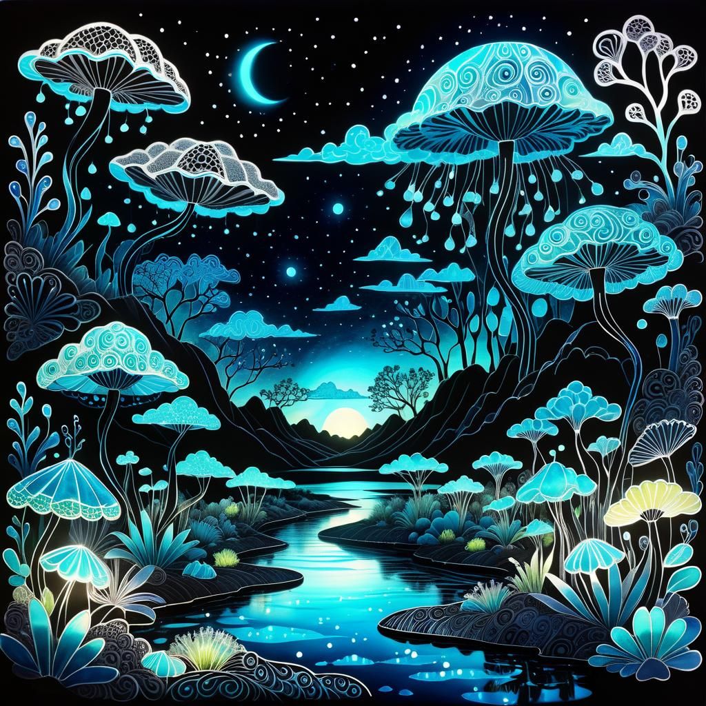 Bioluminescent Oasis with Zentangle Clouds