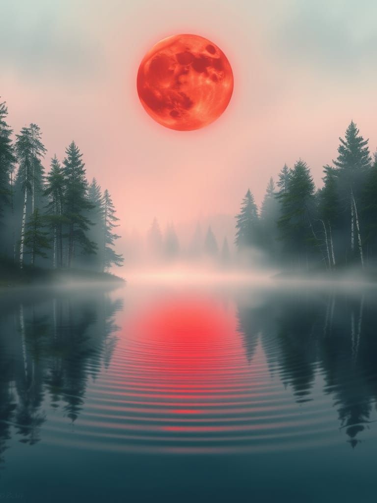 Serene Lake Mist Forest Painting with Red Moon