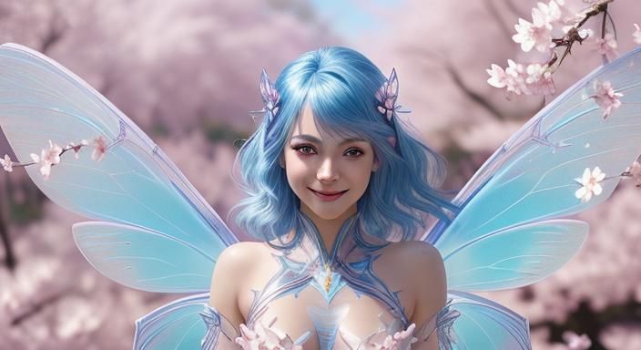 Blue-Haired Fairy with Cherry Blossom Background