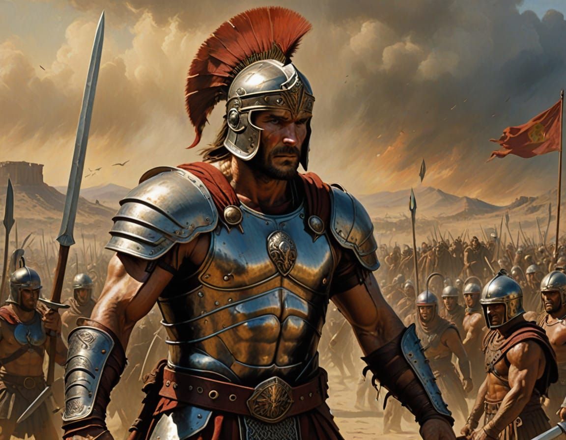 Muscled Gladiator Bares Teeth in Arena Fight