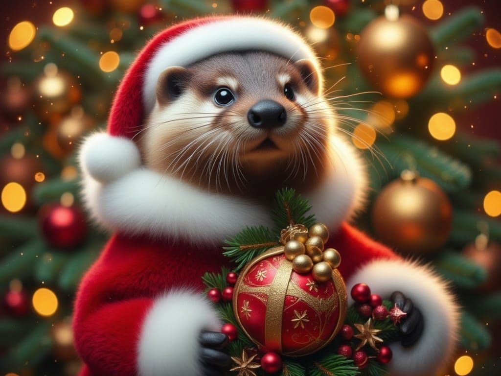 Otter Dressed as Santa Claus in Festive Holiday Scene