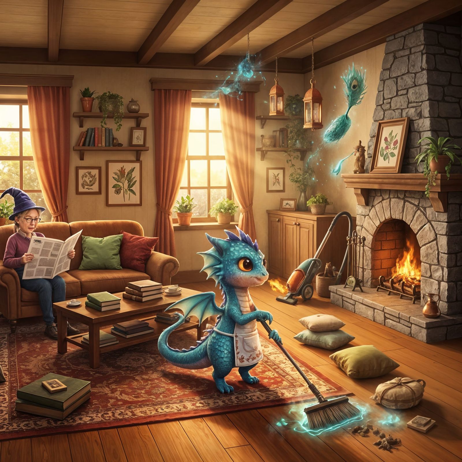 Dragon Magically Cleaning Cozy Living Room in Storybook Styl...