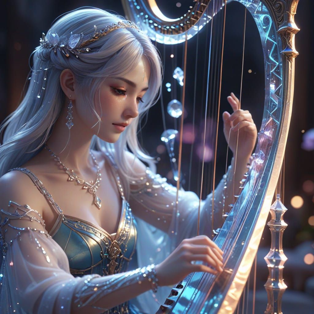 Celestial Harpist Playing Crystal Harp in 3D Anime Style