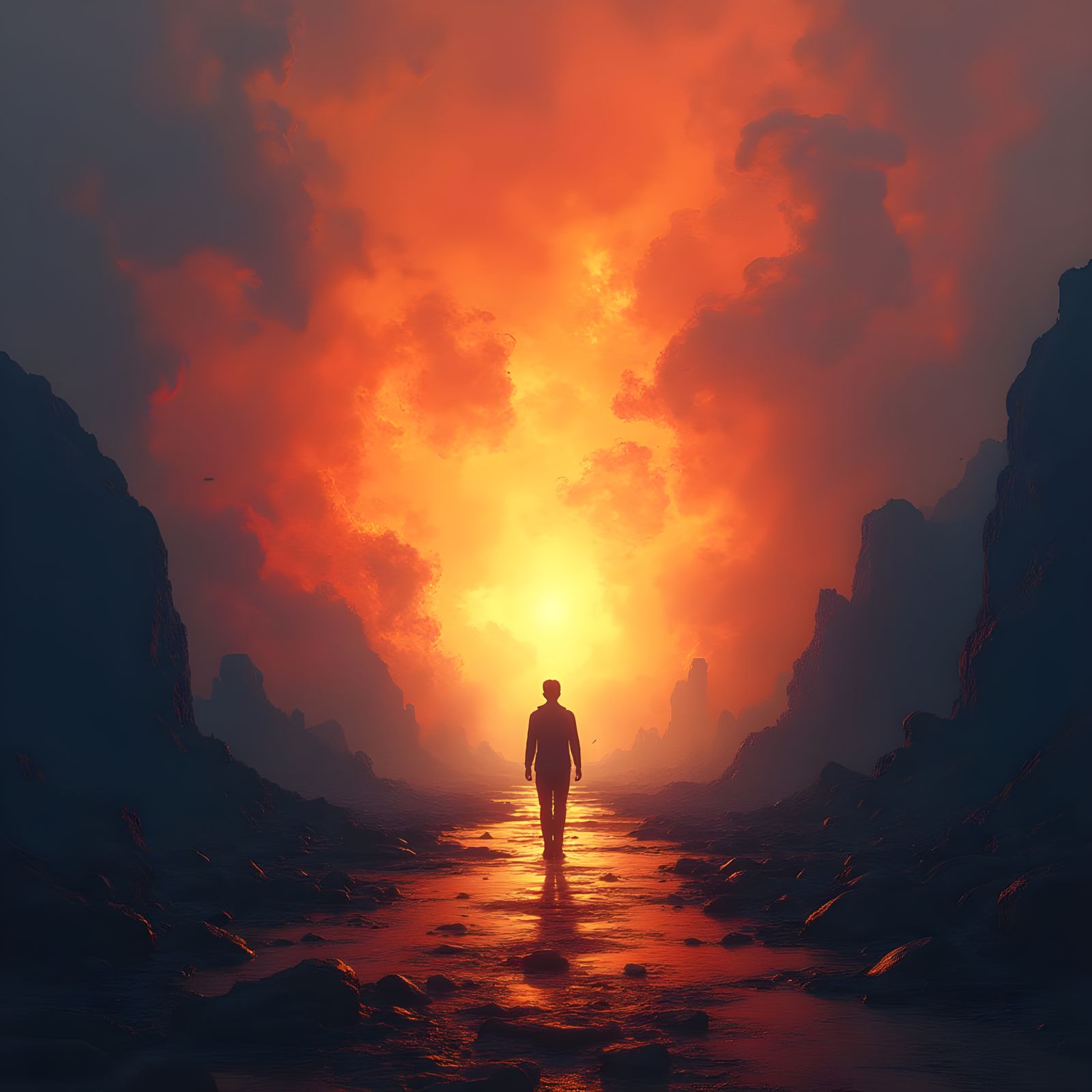 Vibrant Fantasy Silhouette Erupts from Fiery Depths