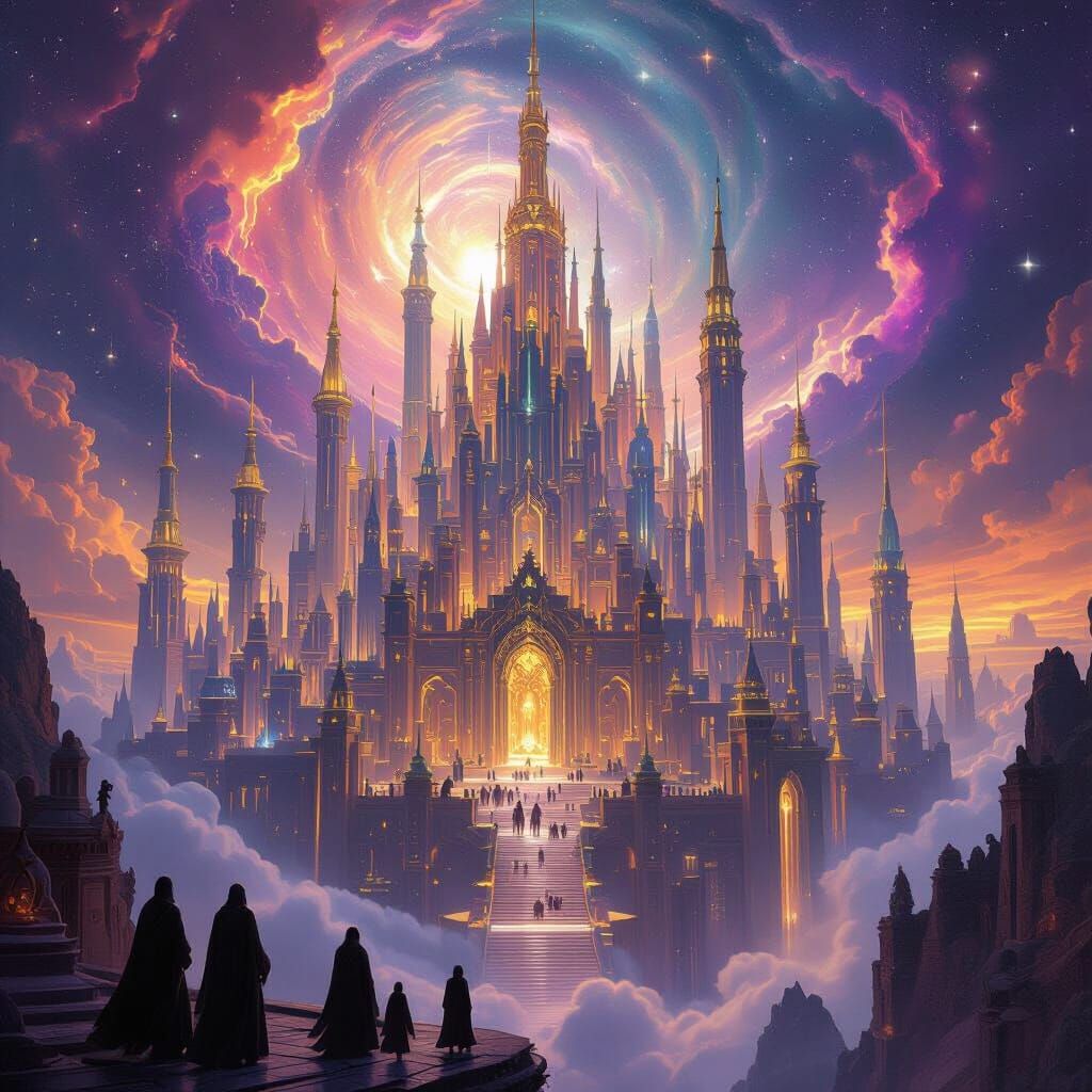 Floating Palace City of Magic in Cosmic Nebula