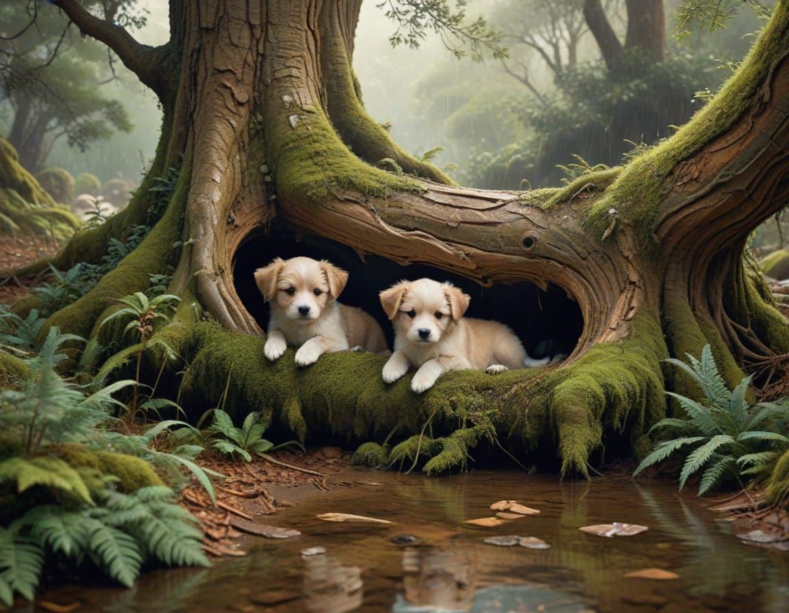 Puppies Hide from Rain in Art Nouveau Style