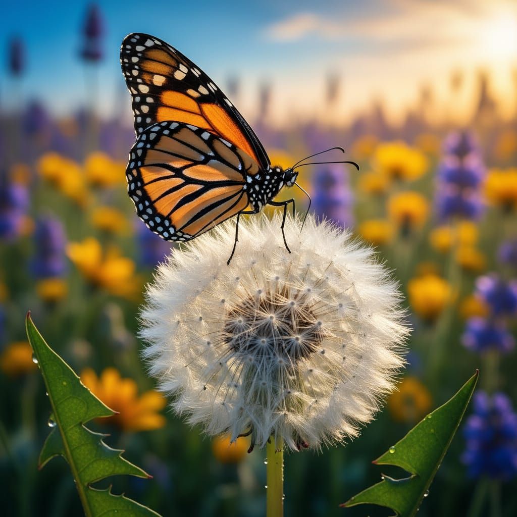 Monarch Butterfly on Dandelion in Hyperrealistic Detail