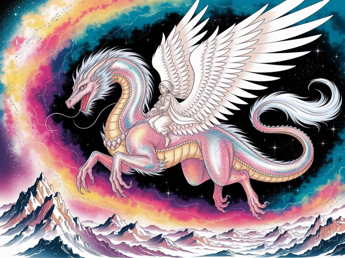 Celestial Dragon Soaring Through Nebula, Manga Art
