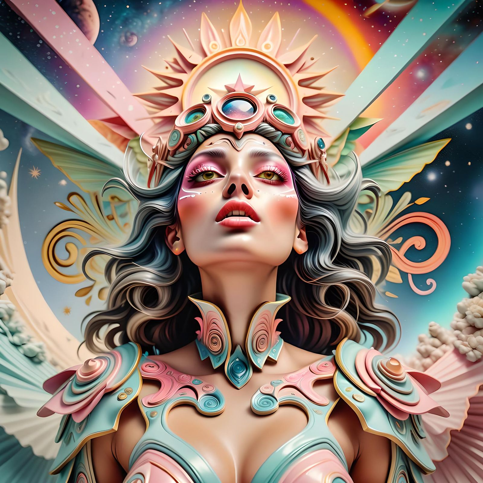 Hypermaximalist Surreal Woman's Face in Soft Colors