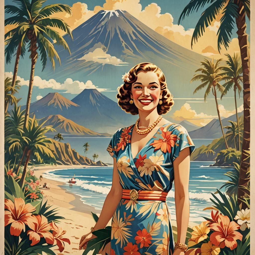 Vintage-Style Travel Poster of Woman in Hawaii