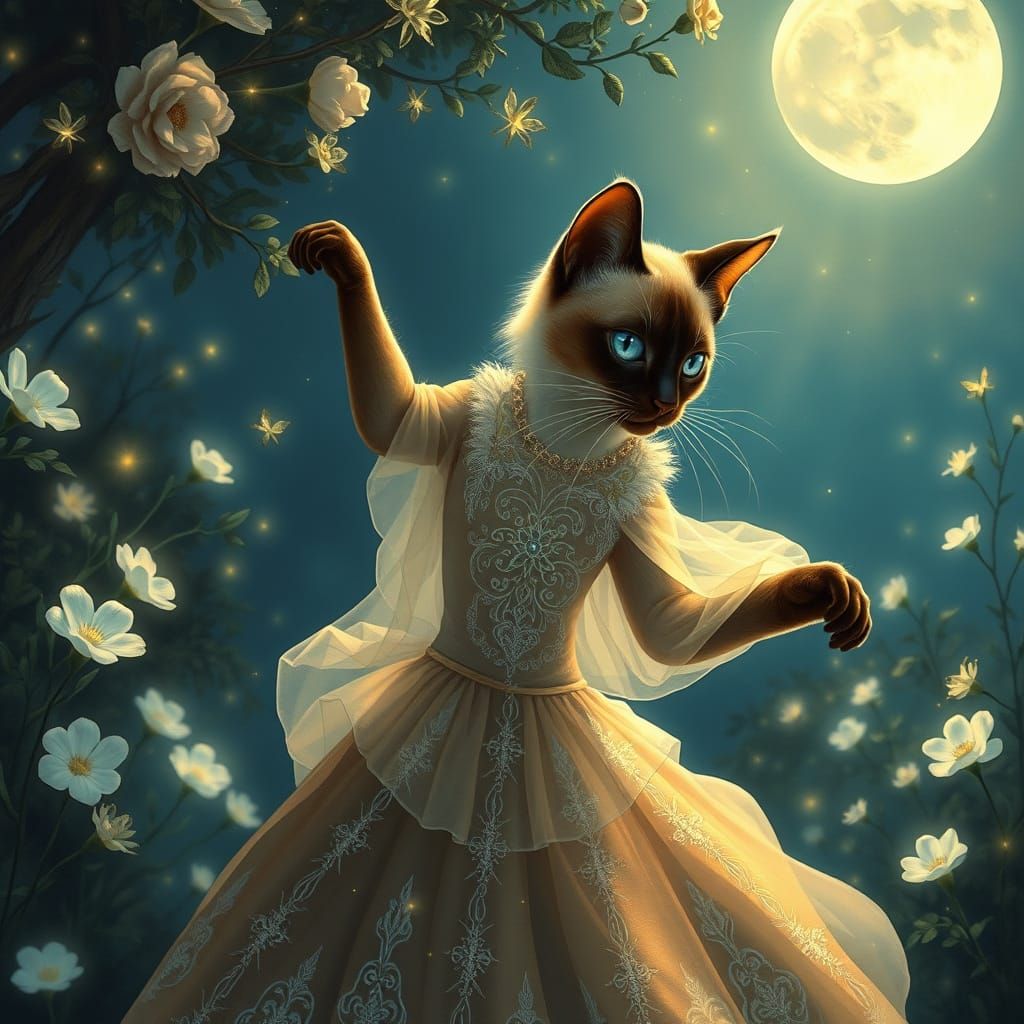 Enchanted Siamese Cat in Starlight Gown Dances Under Moonlit...