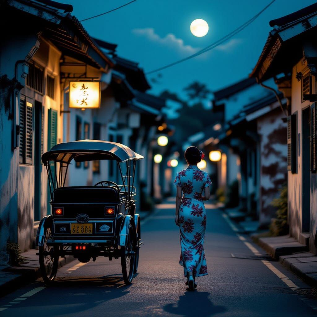 Asian Girl in Cheongsam, 1960s Singapore Trishaw Scene