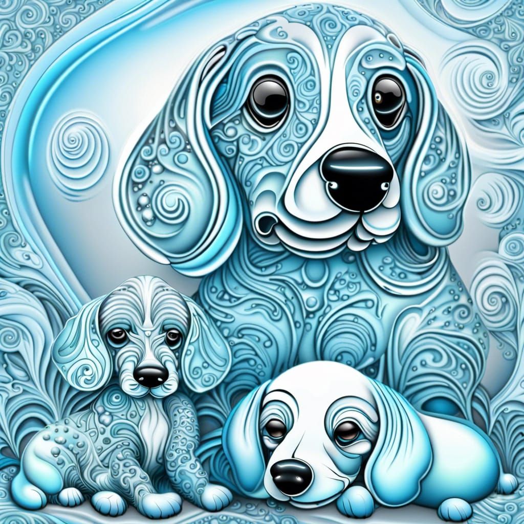 Blown Glass Dachshund with Puppies, 3D Shading
