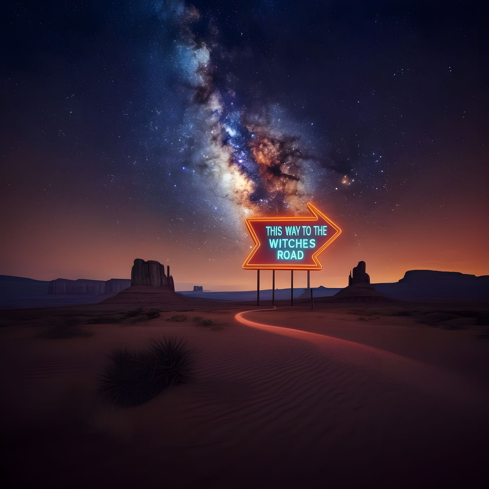 Neon Desert Sign Directs to Witches Road