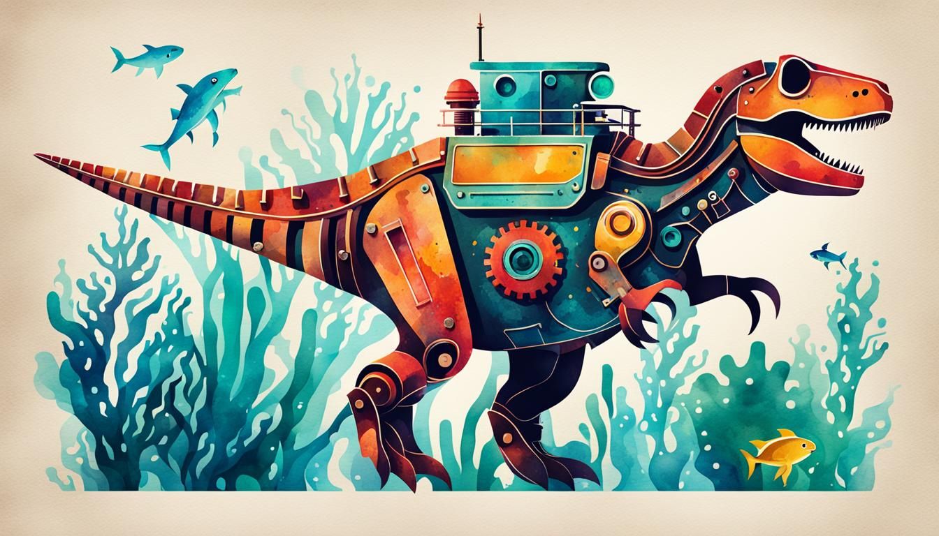 Happy Mechanical Trex Submarine in Watercolor Poster