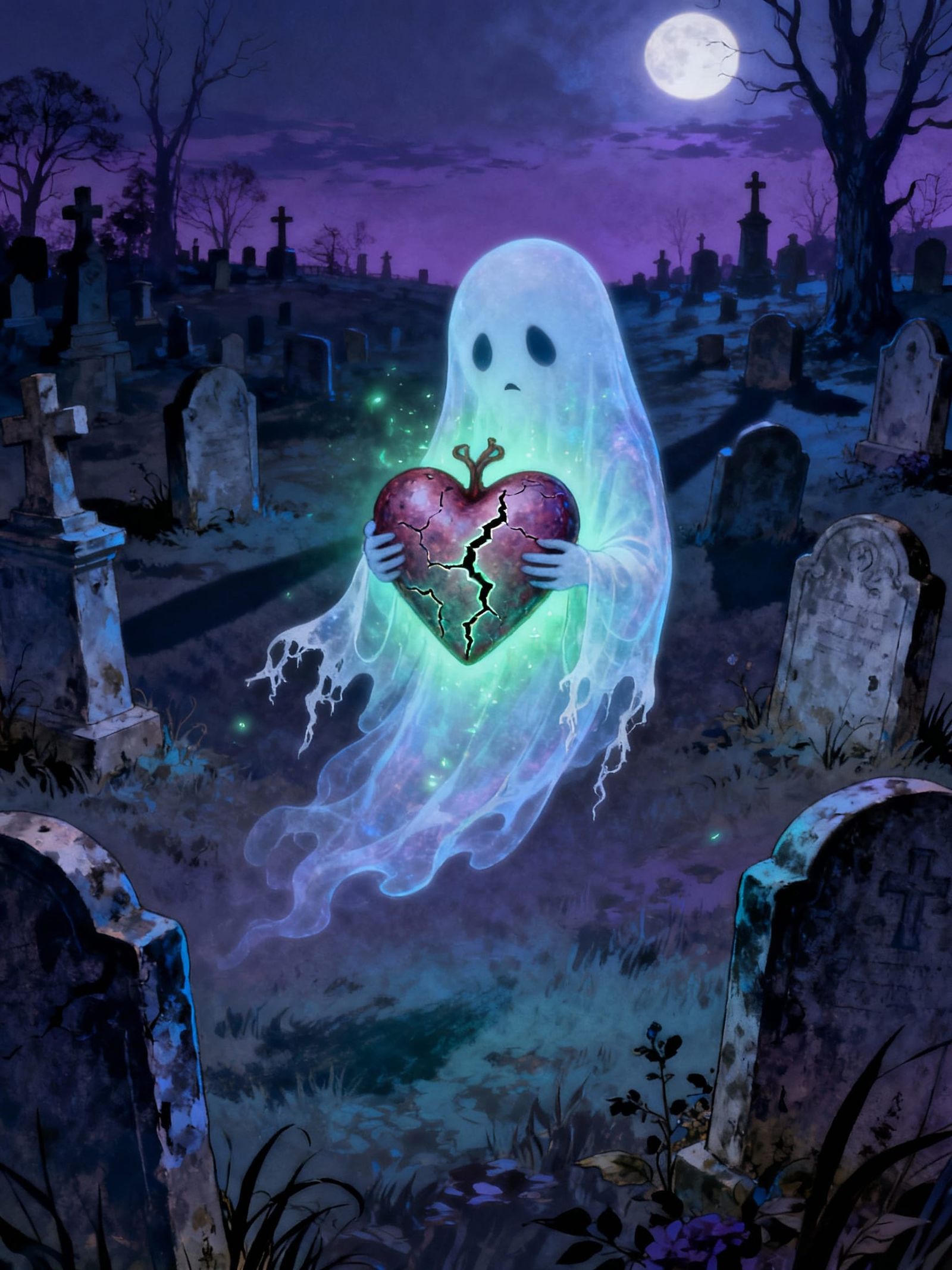 Ethereal Ghost with Cracked Heart in Twilight Cemetery
