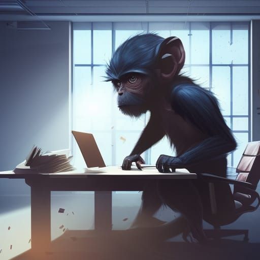 Business Monkey in Office: Dark Fantasy Concept Art