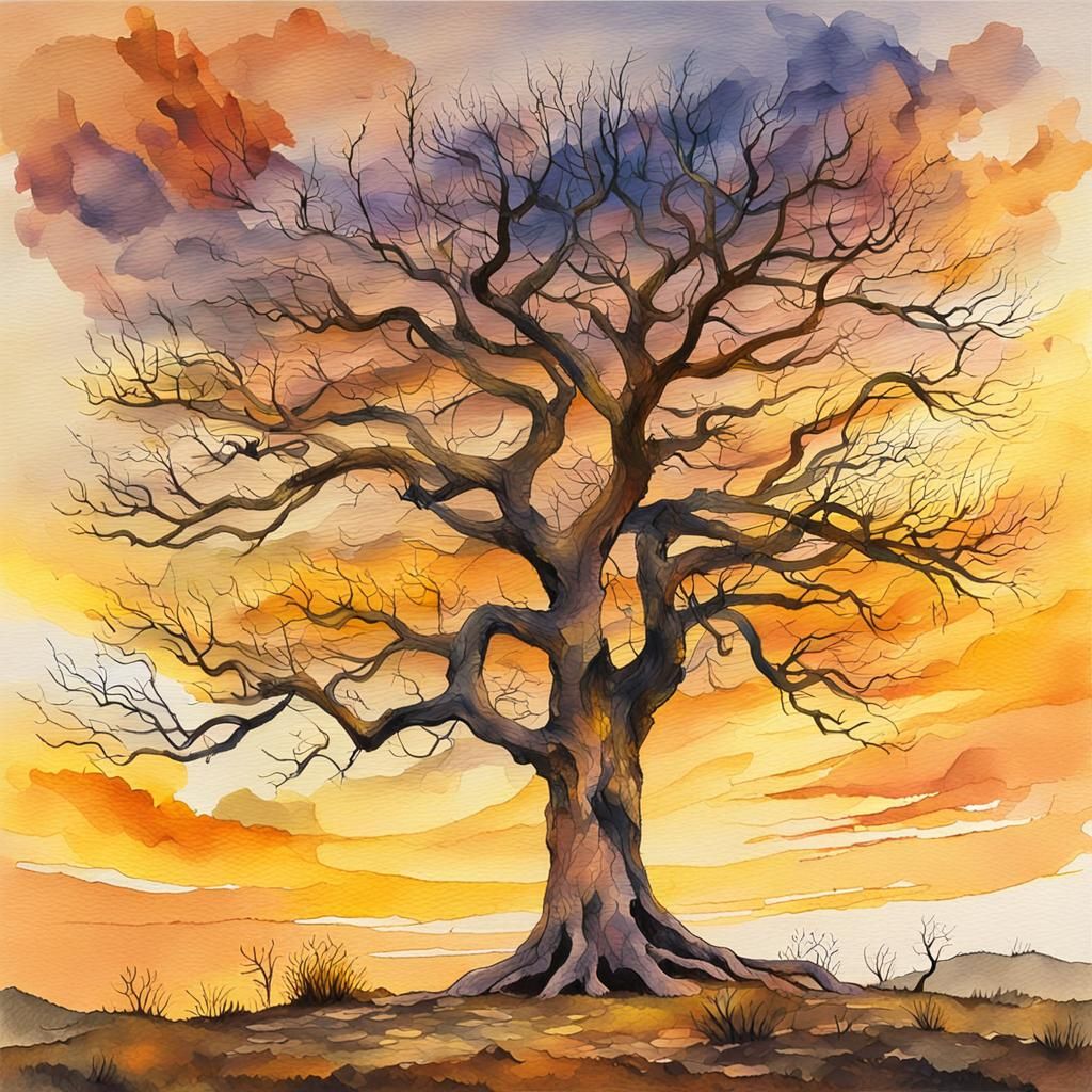 Ancient Tree Portrait in Earth-Toned Watercolor