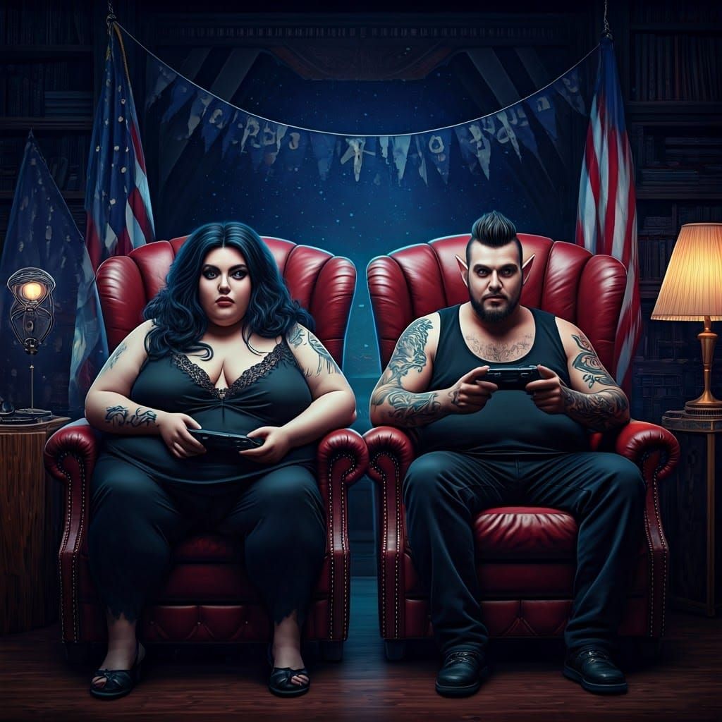 Goth Couple Gaming in Dystopian Neon Light