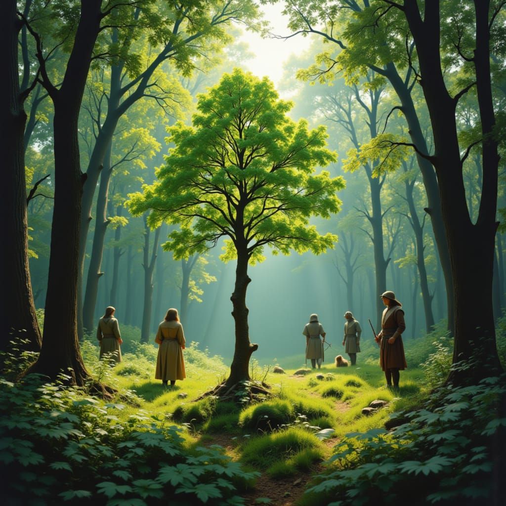 Young Oak Sapling in Primeval Forest with Haudenosaunee Hunt...