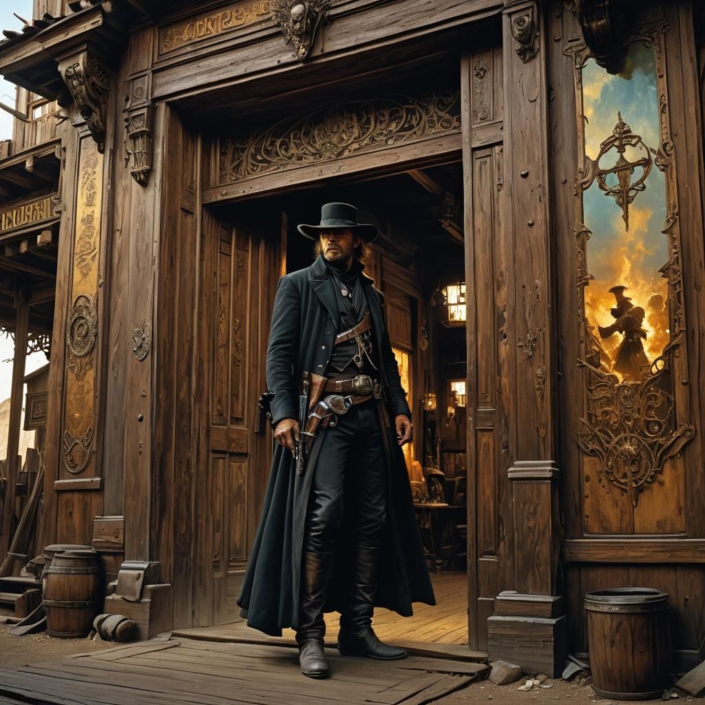 Gunslinger Silhouette in Saloon: Art Nouveau Masterpiece