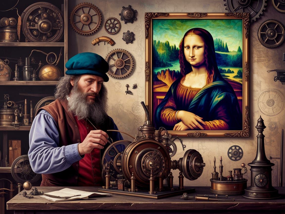 Renaissance Inventor in a Cluttered Workshop