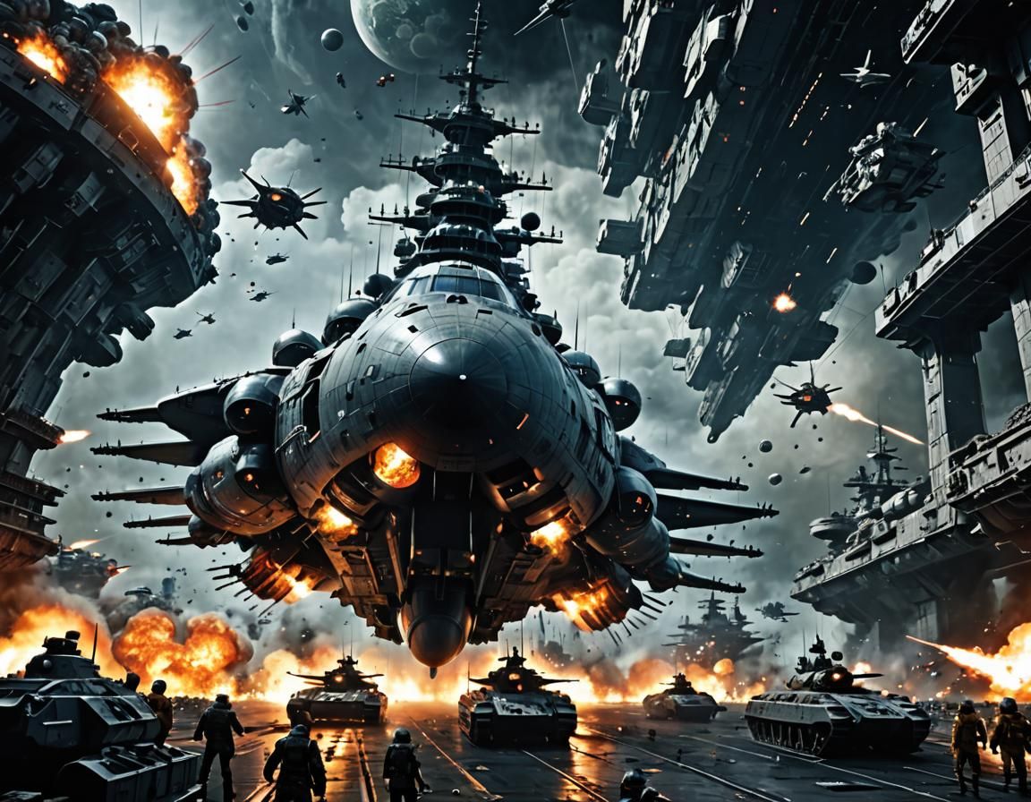 Futuristic Space Battle in Dystopian Sci-Fi Style