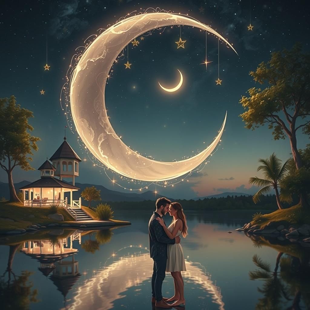 Romantic Fireworks Display Over Island Lake