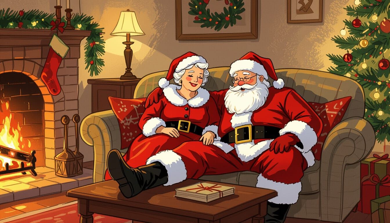 Cozy Christmas Scene: Mrs. Claus Rests with Santa